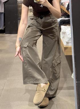 美式复古军绿色弯刀工装牛仔裤女春秋新款高腰多口袋宽松显瘦阔腿