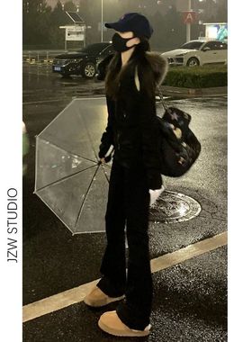 黑色微喇牛仔裤女春秋修身新款高腰显瘦百搭弹力马蹄喇叭拖地裤子