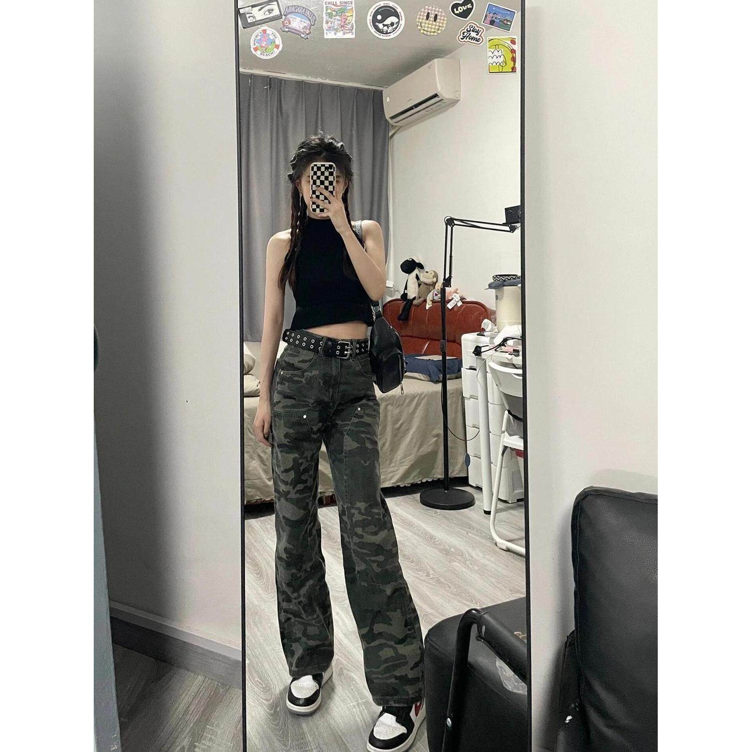 美式高街复古迷彩牛仔裤女设计感小众春夏季高腰宽松显瘦直筒长裤,女装/女士精品,牛仔裤,淘宝优惠券,粉丝福利购,淘宝优惠卷