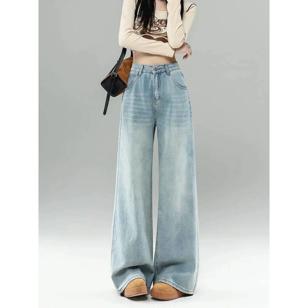 美式浅色阔腿牛仔裤女2026春秋新款显瘦复古高腰宽松直筒拖地裤子