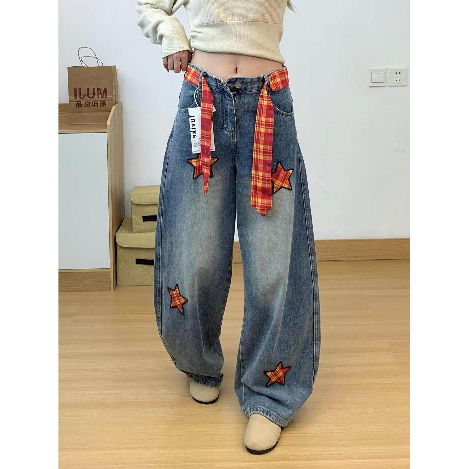 美式星星贴布复古弯刀牛仔裤女春秋高腰新款格子宽松阔腿拖地裤子,女装/女士精品,牛仔裤,淘宝优惠券,粉丝福利购,淘宝优惠卷