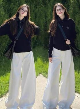 美式白色高腰显瘦阔腿牛仔裤女春夏新款水洗宽松垂感直筒拖地裤子