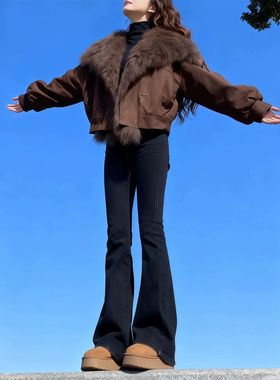 美式黑色微喇牛仔裤女春秋季新款辣妹弹力高腰显瘦修身喇叭拖地裤