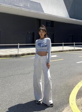 美式设计感白色工装裤牛仔裤女春秋新款宽松显瘦垂感阔腿拖地裤子