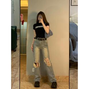 美式水洗复古破洞直筒新款牛仔裤女夏季高腰宽松显瘦阔腿拖地裤子