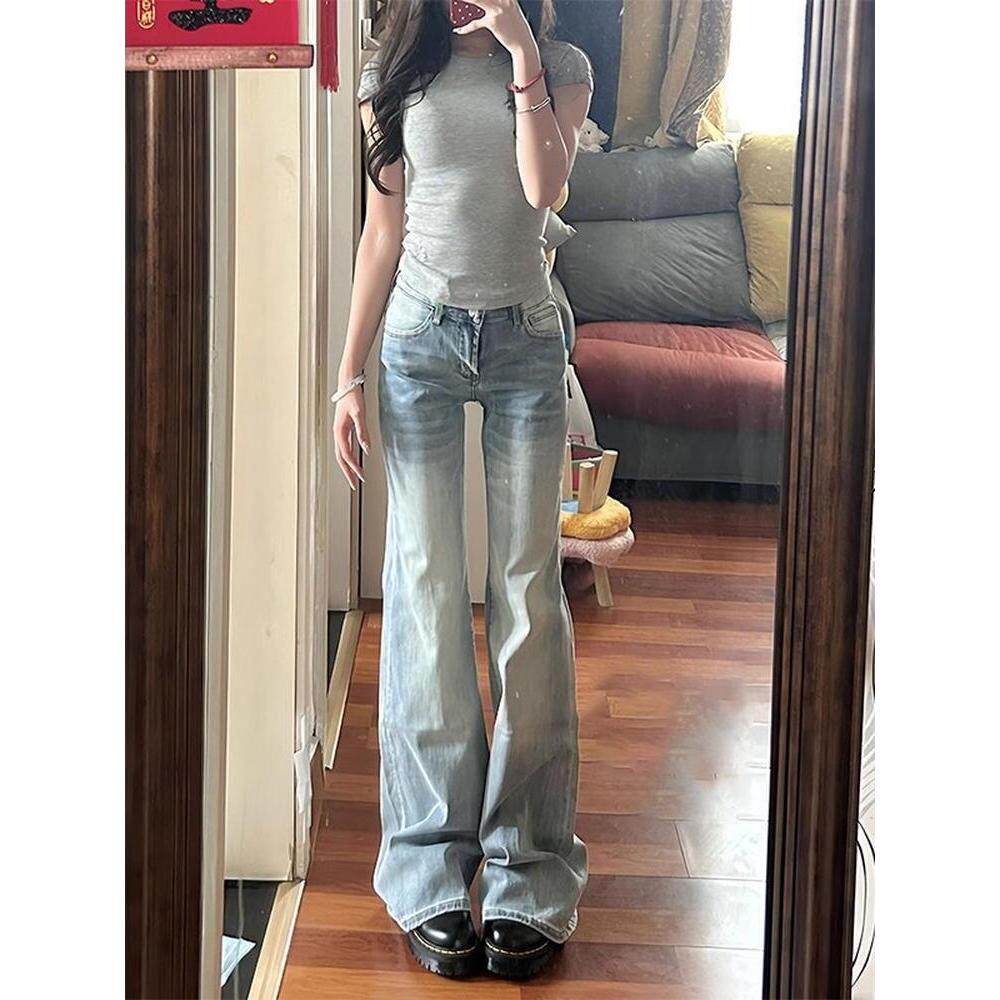 早春浅蓝色微喇牛仔裤女春秋新款低腰辣妹修身显瘦马蹄喇叭拖地裤
