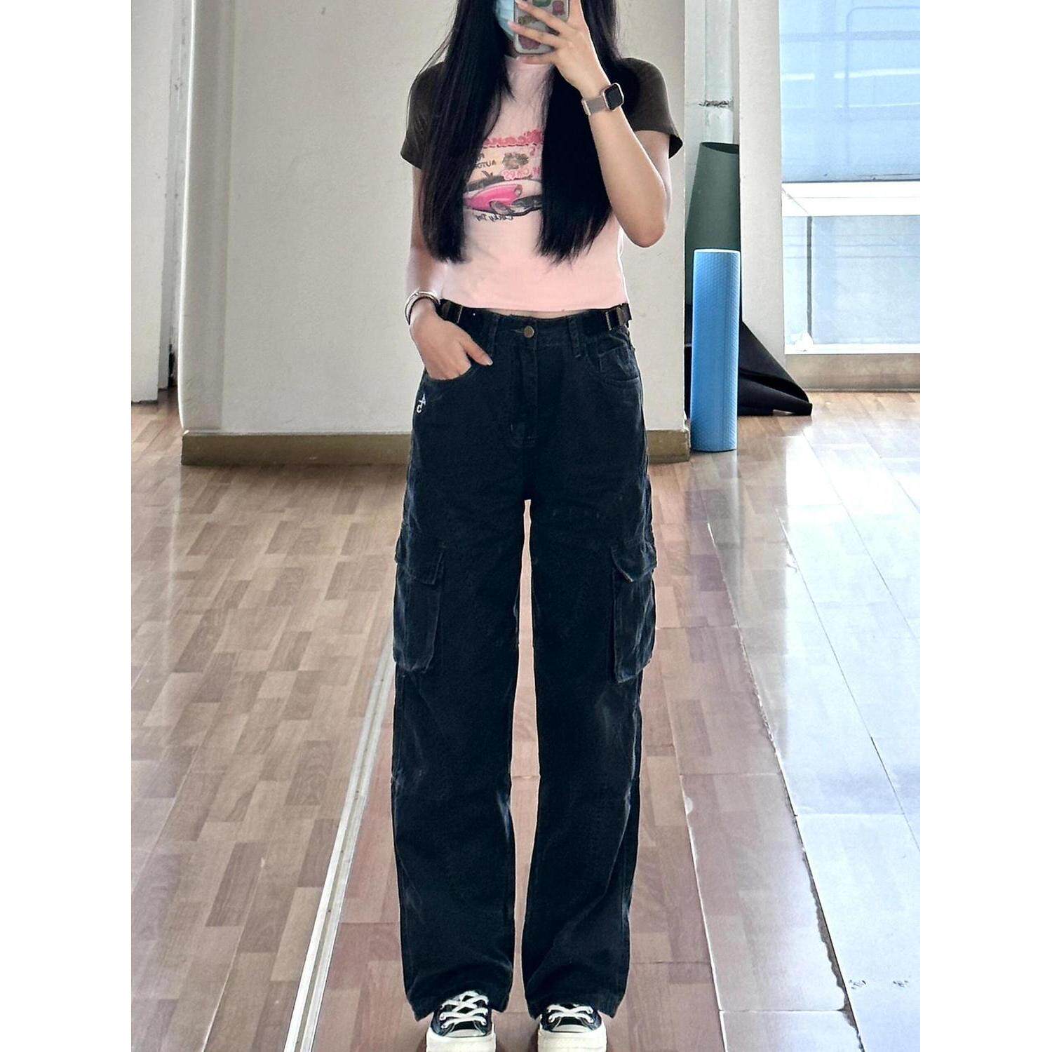 美式复古高街口袋设计黑色工装牛仔裤女春秋新款直筒宽松显瘦休闲