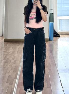 美式复古高街口袋设计黑色工装牛仔裤女春秋新款直筒宽松显瘦休闲
