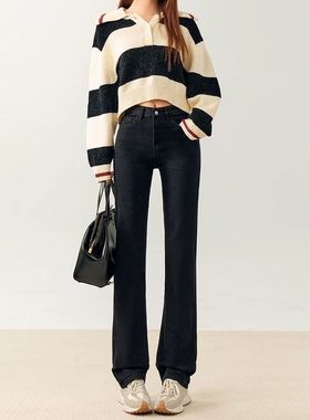 黑色高腰直筒牛仔裤女春秋新款小个子爆款显瘦弹力修身梨形烟管裤