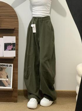 美式复古军绿色牛仔裤春秋新款高腰宽松显瘦弯刀休闲工装阔腿拖地
