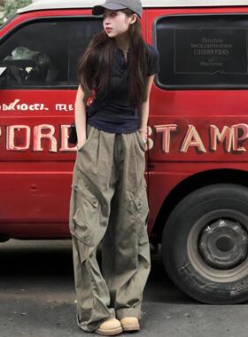 美式复古灰绿色工装牛仔裤春秋季新款高腰宽松身材显瘦直筒拖地裤