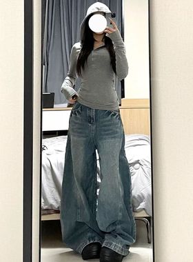 美式复古水洗弯刀牛仔裤女春秋设计休闲辣妹宽松显瘦阔腿拖地裤子