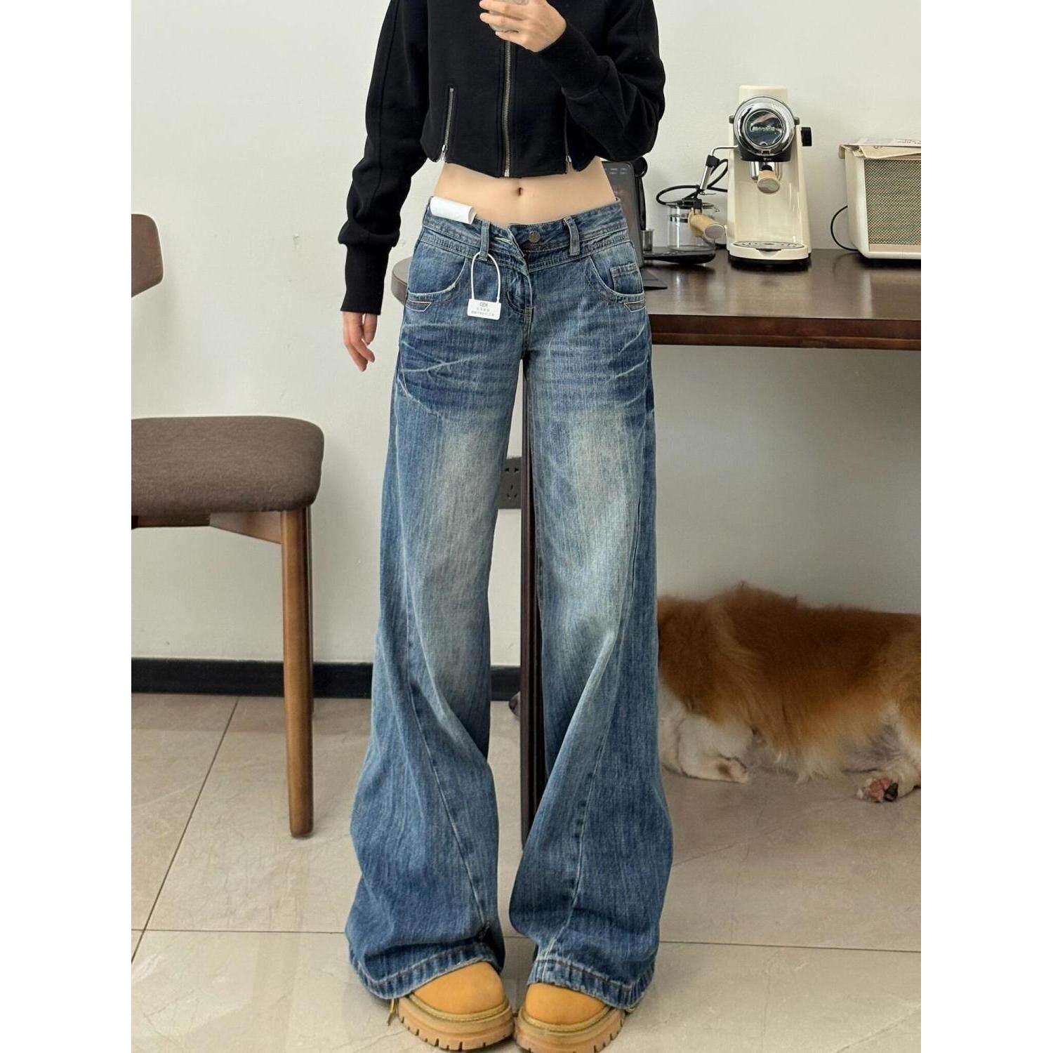 美式复古辣妹低腰微喇牛仔裤女春秋季新款宽松显瘦喇叭裤拖地裤子