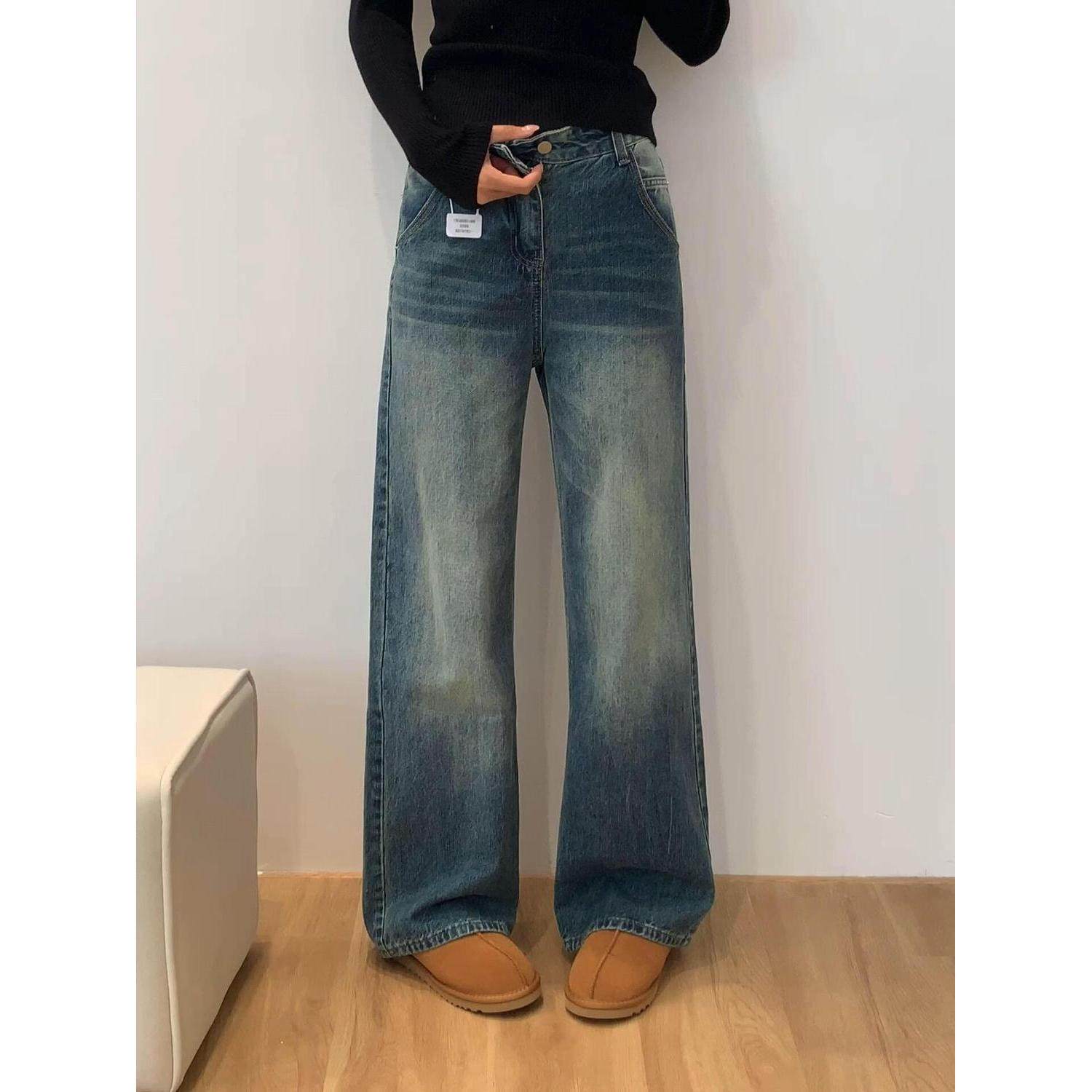 美式复古直筒牛仔裤女2026春秋设计新款高腰宽松水洗显瘦拖地裤子