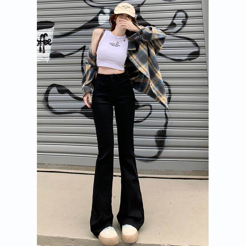 黑色微喇牛仔裤女春秋新款高腰显瘦辣妹修身遮肉拖地喇叭马蹄裤子