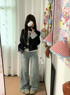 美式复古浅色磨破水洗牛仔裤女春秋高腰新款宽松显瘦阔腿拖地裤子