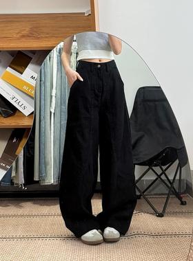 复古美式黑色牛仔裤女春秋新款高腰宽松显瘦工装弯刀阔腿拖地长裤