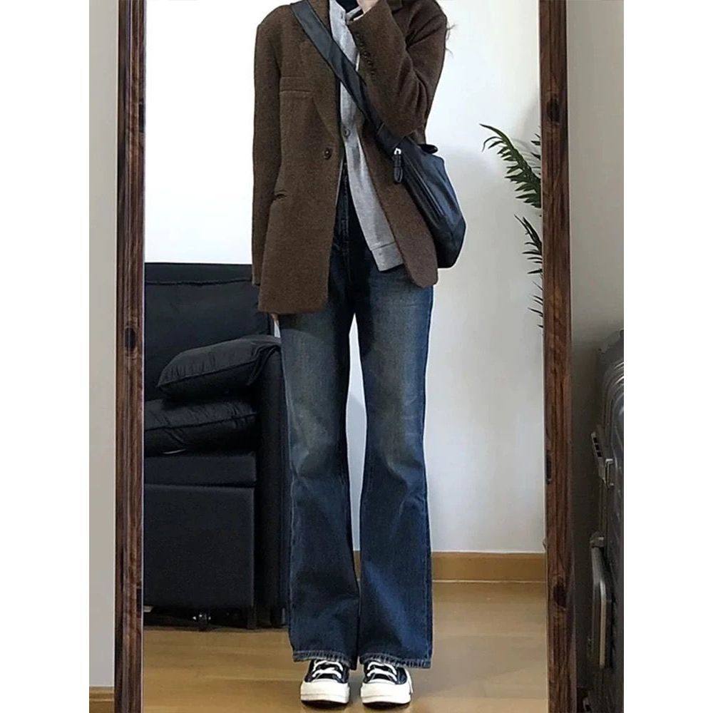 美式蓝灰辣妹微喇牛仔裤女春秋新款高腰复古宽松显瘦百搭拖地裤子,女装/女士精品,牛仔裤,淘宝优惠券,粉丝福利购,淘宝优惠卷