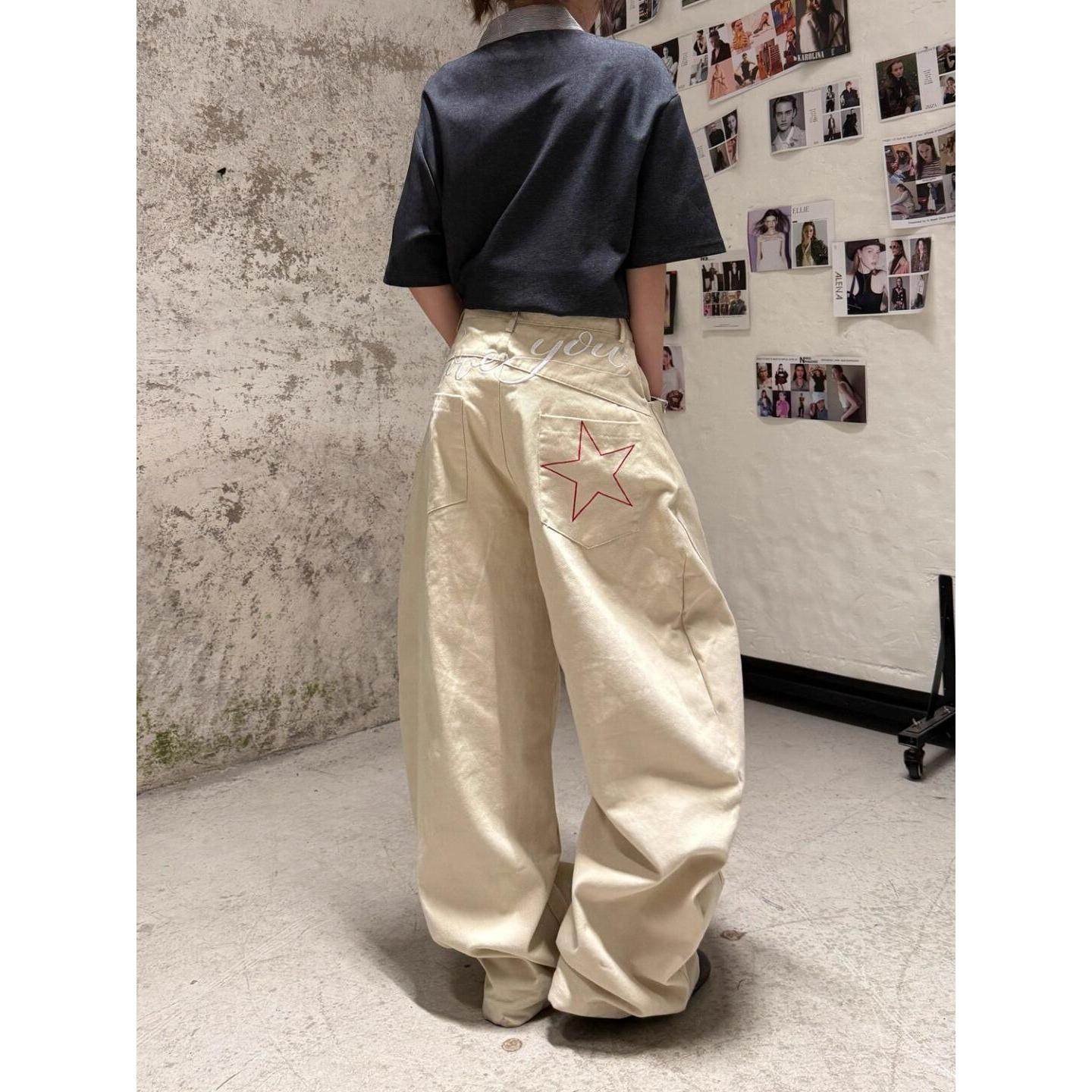 美式复古星星字母刺绣设计牛仔裤女春秋季宽松高腰弯刀阔腿拖地裤,女装/女士精品,牛仔裤,淘宝优惠券,粉丝福利购,淘宝优惠卷