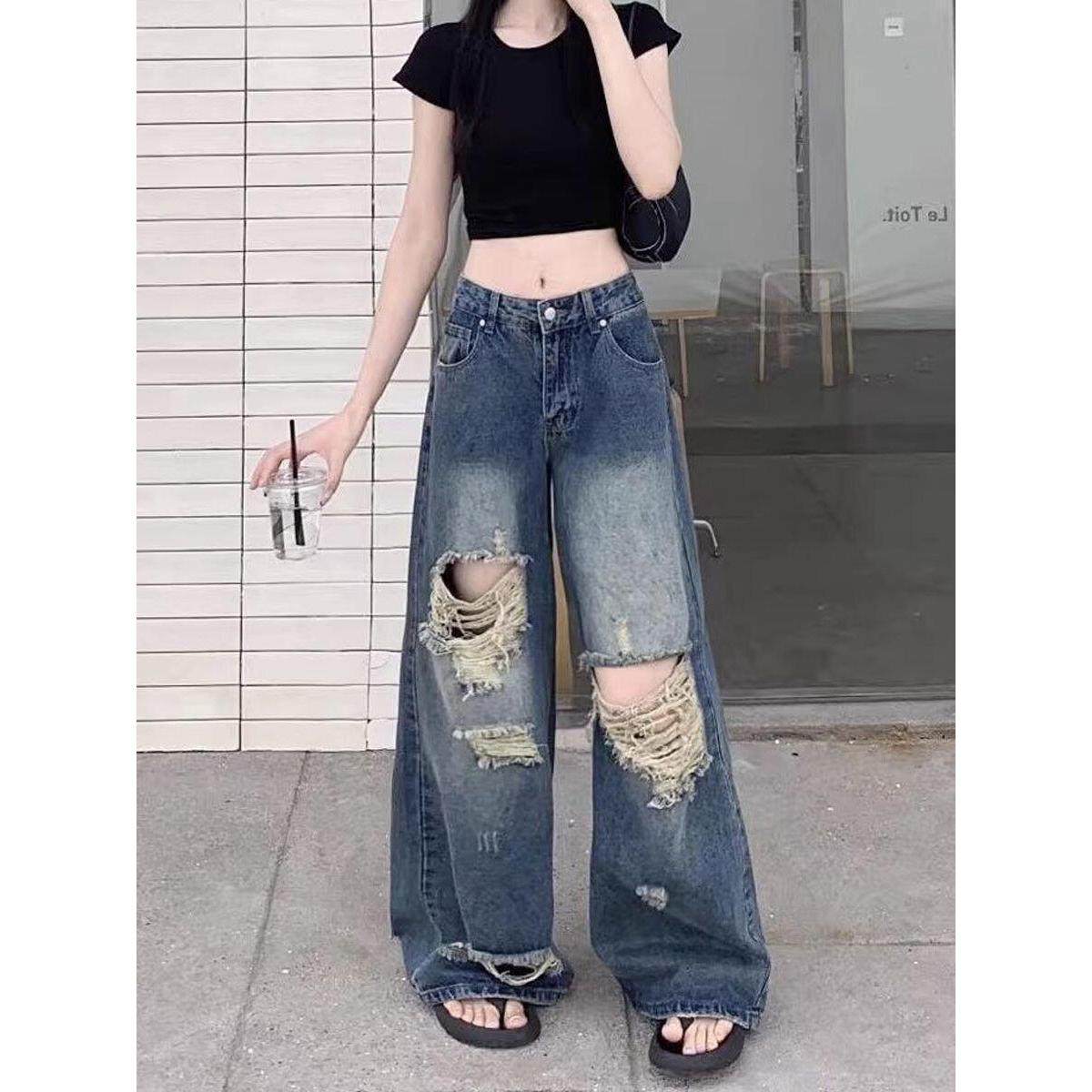 美式复古做旧磨破牛仔裤女春夏新款高腰破洞宽松显瘦阔腿拖地裤子,女装/女士精品,牛仔裤,淘宝优惠券,粉丝福利购,淘宝优惠卷