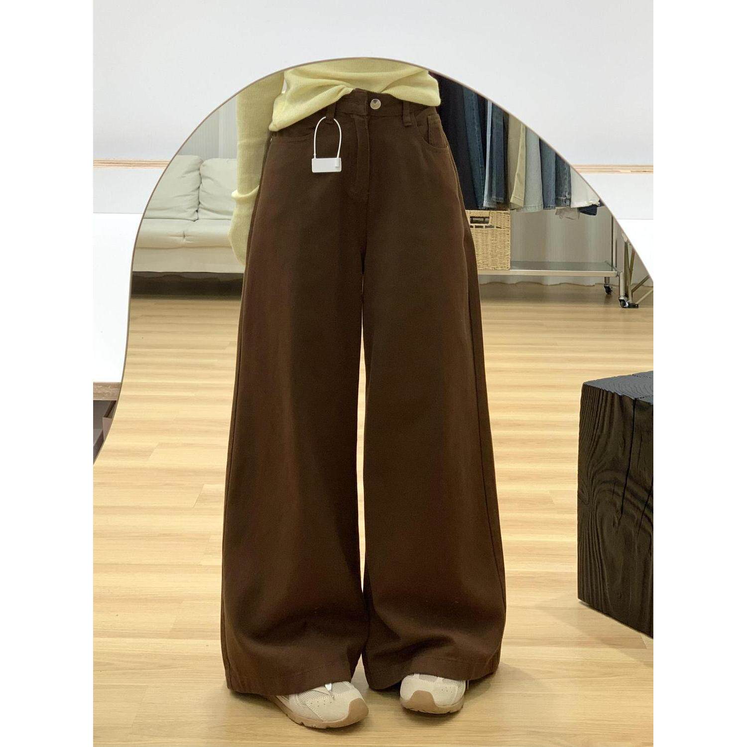 美式拉德复古咖色牛仔裤女春秋季新款高腰显瘦垂感宽松阔腿拖地裤