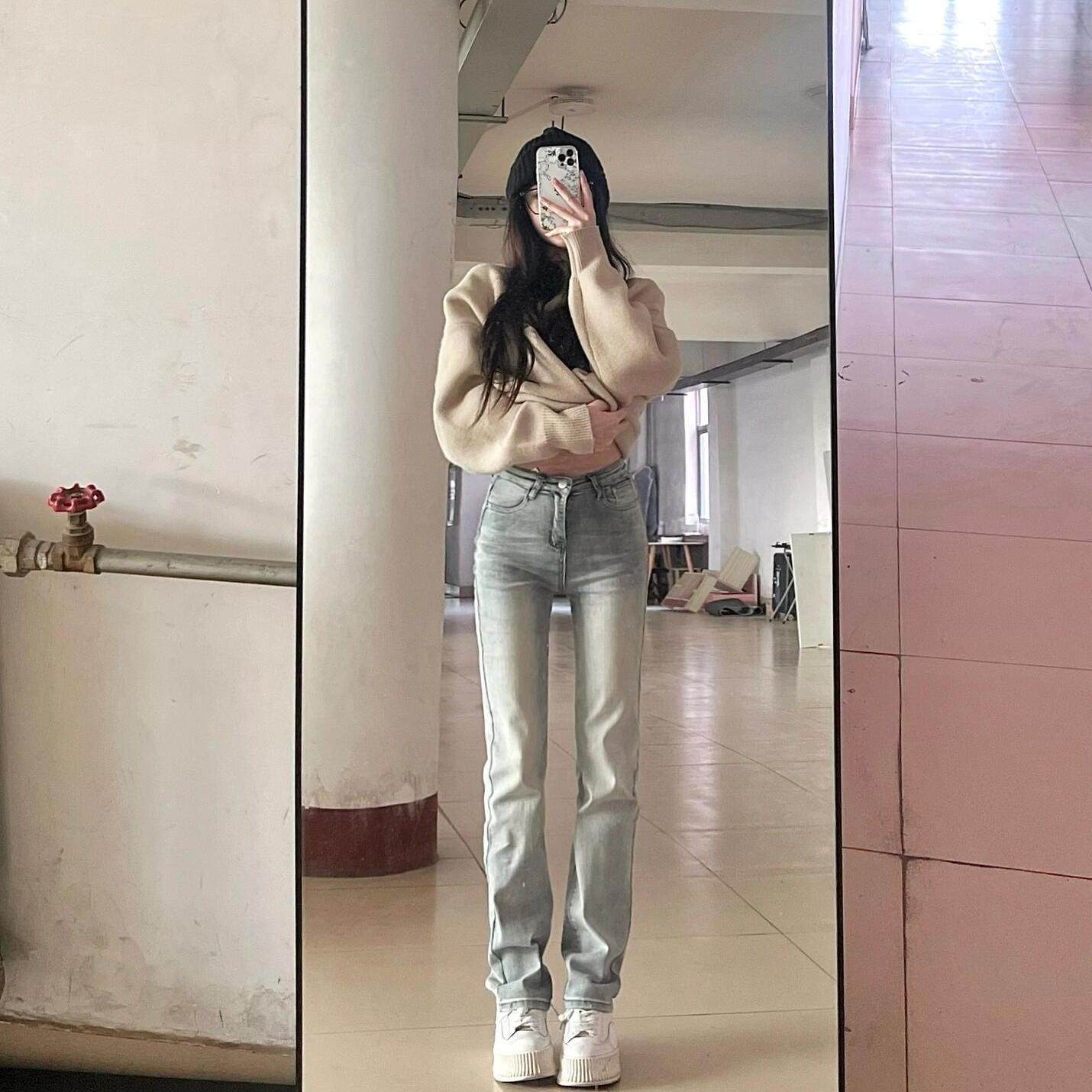 美式复古黄泥牛仔裤女春秋高腰新款显瘦弹力窄版水洗烟管直筒裤子