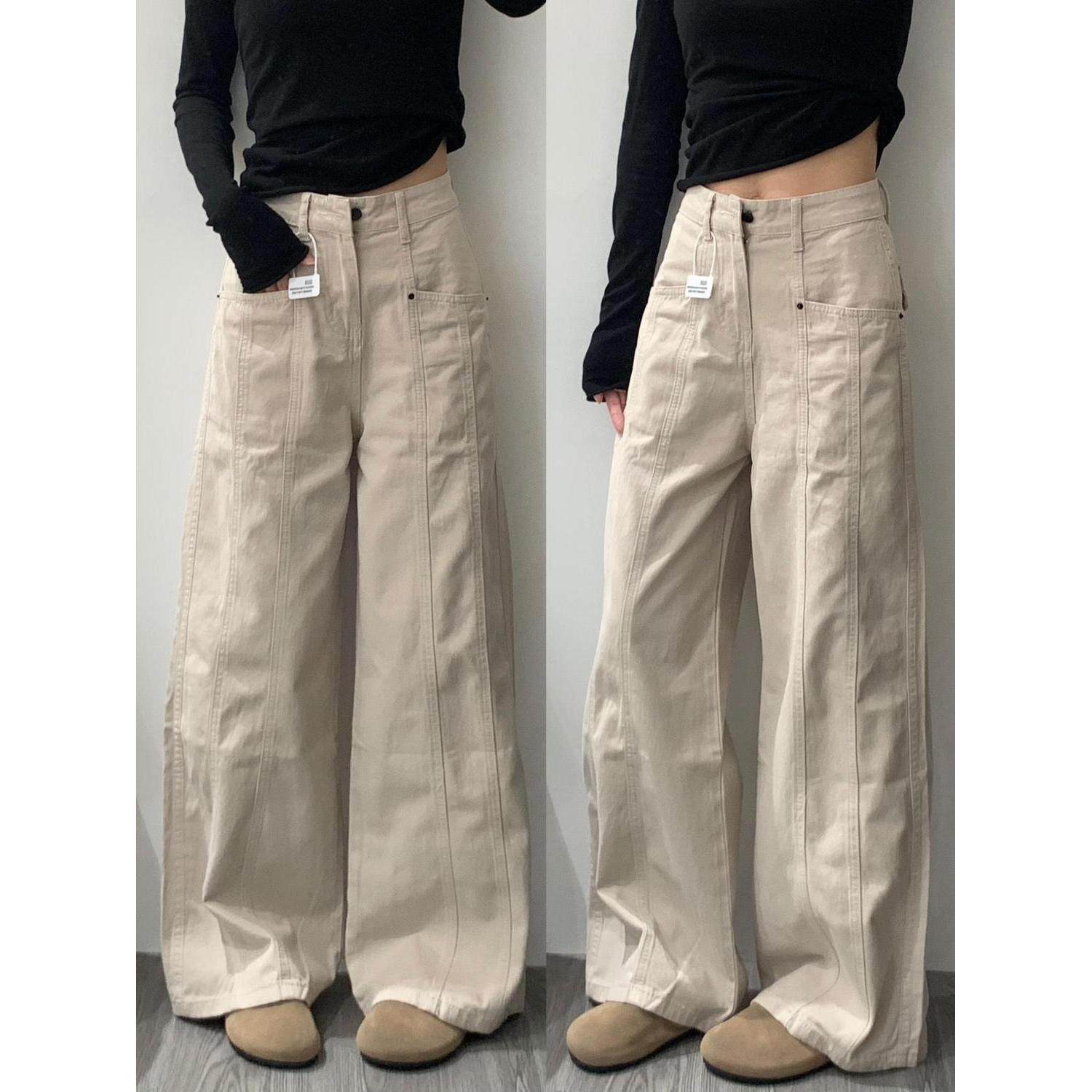 美式杏色工装牛仔裤女今年新款春秋季宽松高腰显瘦梨形阔腿拖地裤,女装/女士精品,牛仔裤,淘宝优惠券,粉丝福利购,淘宝优惠卷