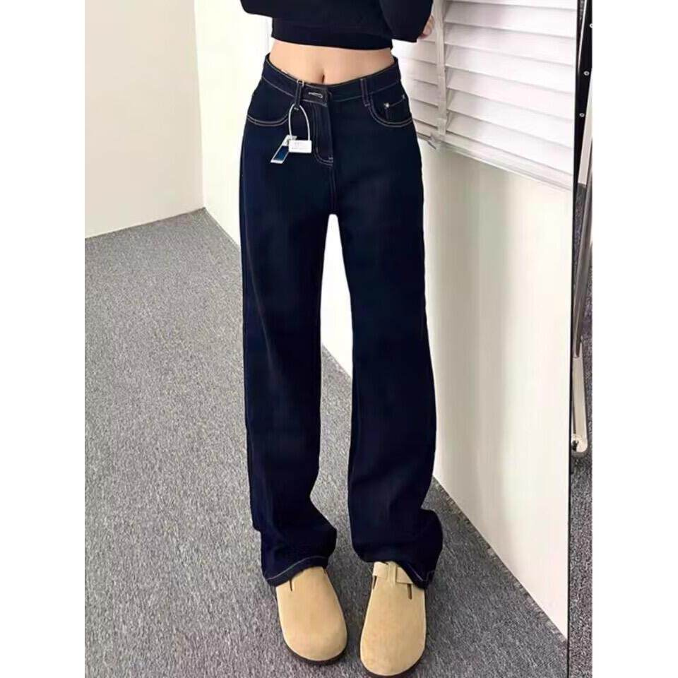 美式深蓝色阔腿牛仔裤女春秋新款高腰丹宁宽松显瘦垂坠直筒拖地裤