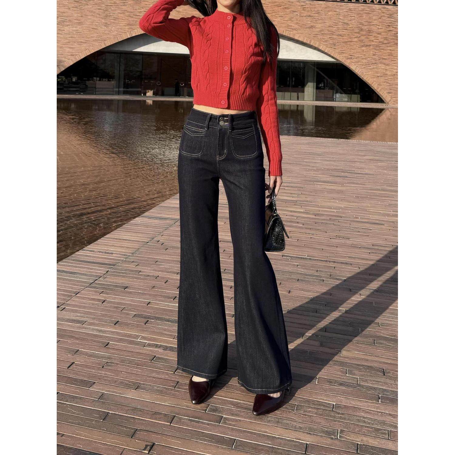 美式丹宁双扣阔腿牛仔裤女春秋新款高腰显瘦设计宽松直筒百搭拖地