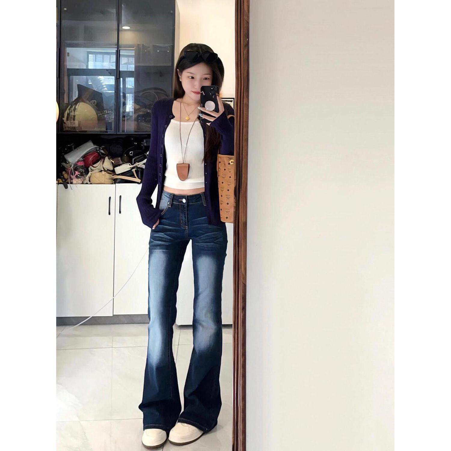 美式辣妹低腰复古弹力微喇牛仔裤春秋新款显瘦修身马蹄喇叭拖地裤