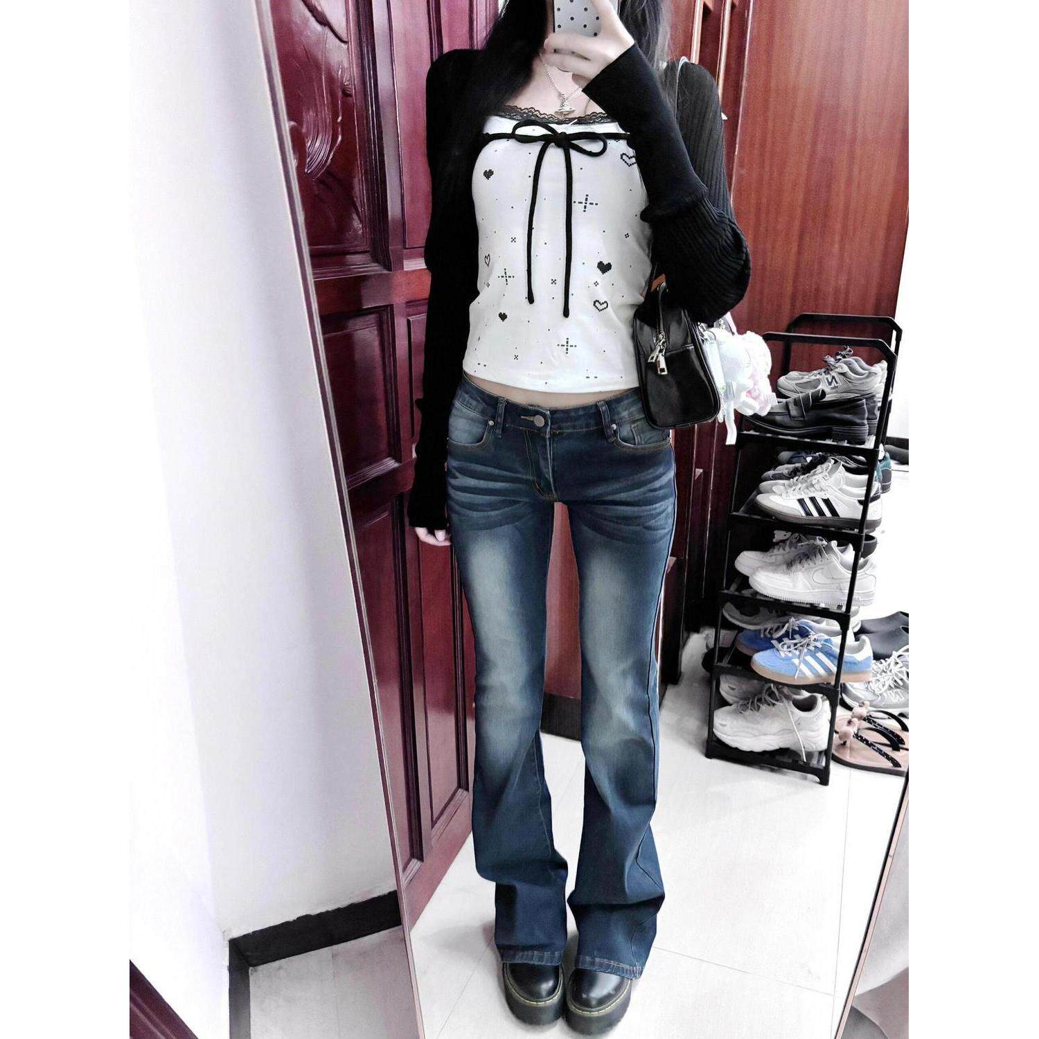 美式辣妹复古低腰微喇牛仔裤春秋弹力紧身宽松显瘦修身马蹄喇叭裤