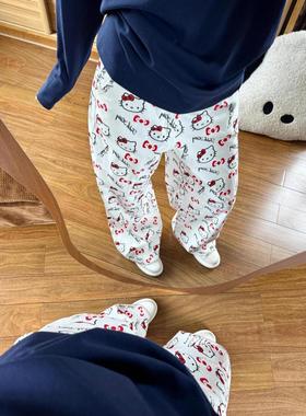 满印kitty猫咪白色印花牛仔裤女春夏新款宽松显瘦设计休闲拖地裤