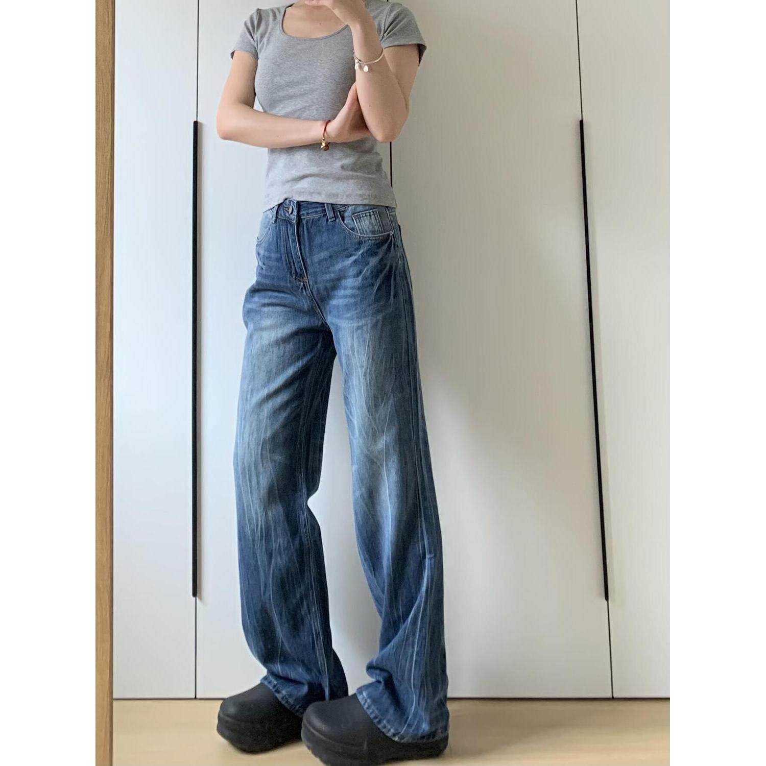 美式复古高街水洗闪电裂纹蓝色牛仔裤春秋新款宽松显瘦直筒拖地裤,女装/女士精品,牛仔裤,淘宝优惠券,粉丝福利购,淘宝优惠卷