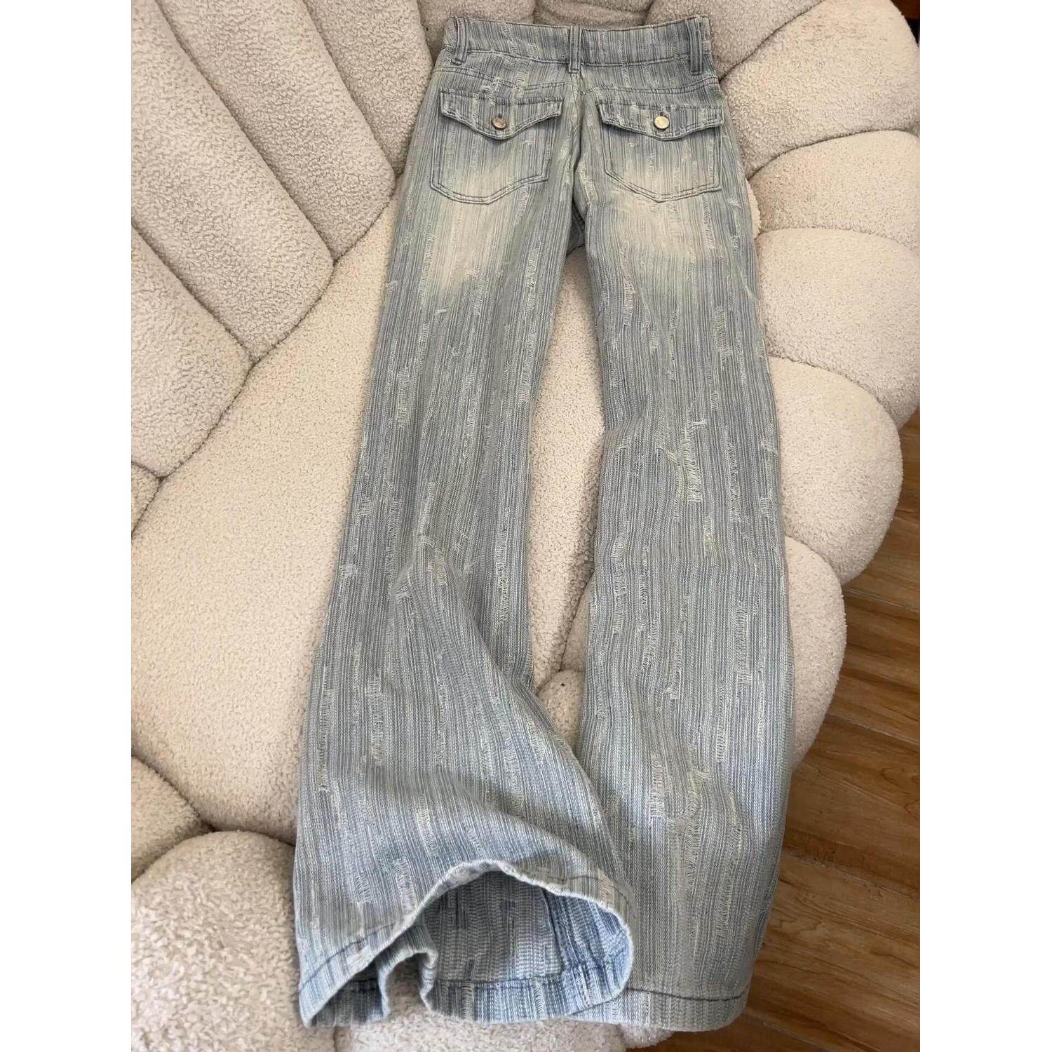 浅色纹理微喇牛仔裤女春秋不贴新款显瘦马蹄设计提花喇叭拖地裤子