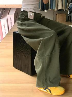 美式复古军绿色弯刀牛仔裤女春秋新款高街宽松直筒工装阔腿拖地裤