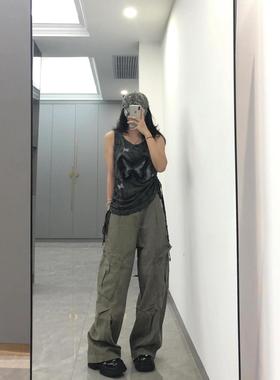 美式设计复古灰绿色工装裤褶皱口袋牛仔裤春秋季宽松新款阔腿裤子