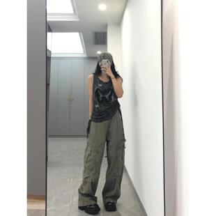 美式设计复古灰绿色工装裤褶皱口袋牛仔裤春秋季宽松新款阔腿裤子