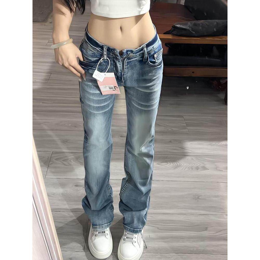 美式复古低腰牛仔裤女春夏季新款潮酷辣妹简约修身显瘦窄版直筒裤