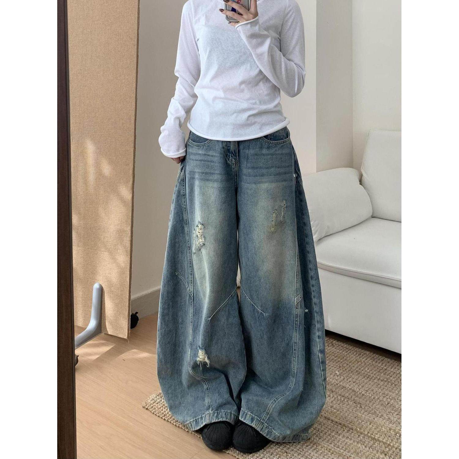 美式复古破洞牛仔裤女春秋季新款高腰宽松显瘦梨形弯刀阔腿拖地裤,女装/女士精品,牛仔裤,淘宝优惠券,粉丝福利购,淘宝优惠卷