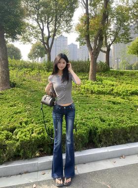 美式低腰微喇牛仔裤女春秋喇叭复古新款弹力辣妹百搭显瘦修身马蹄