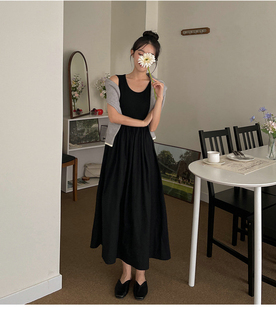 春夏纯色黑色莫代尔U领圆领无袖内搭收腰连衣裙长款长裙女背心裙