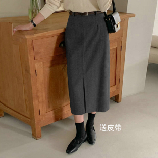 春夏保暖柔软羊毛呢子条纹深灰色直筒包臀一步裙子中长款半身裙女