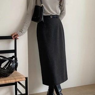 春夏保暖直筒羊毛直筒裙长款一步长裙百搭开叉呢子裙女高腰显瘦黑