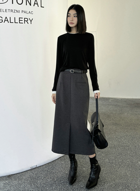 春夏深灰色鱼骨纹开叉直筒毛呢子长款半身裙包臀百搭一步裙女长裙
