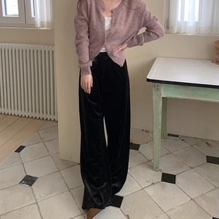 特黑亲肤柔软丝绒面直筒长裤阔腿窄版休闲裤子女春夏百搭高腰显瘦