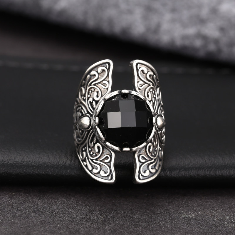 燕子推荐S925复古黑宝石开口戒指宫廷风雕花小众设计高级感银饰
