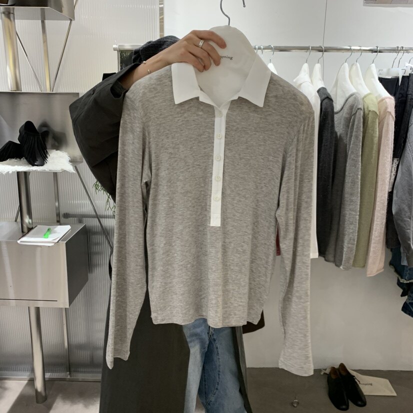 包邮！韩国东大门正品代购26秋新TEMPTING翻领百搭长袖T恤女图片
