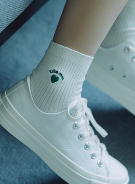 靴下物无骨袜子女棉质春秋薄款日系爱心刺绣黑白色短袜船袜不掉跟