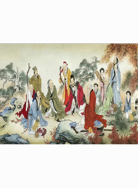国画人物画宣纸字画客厅餐厅沙发背景墙贴画挂画香山七老品茶悟道