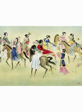 国画人物画绢布字画客厅餐厅沙发背景墙装饰画挂画七大美女踏春图